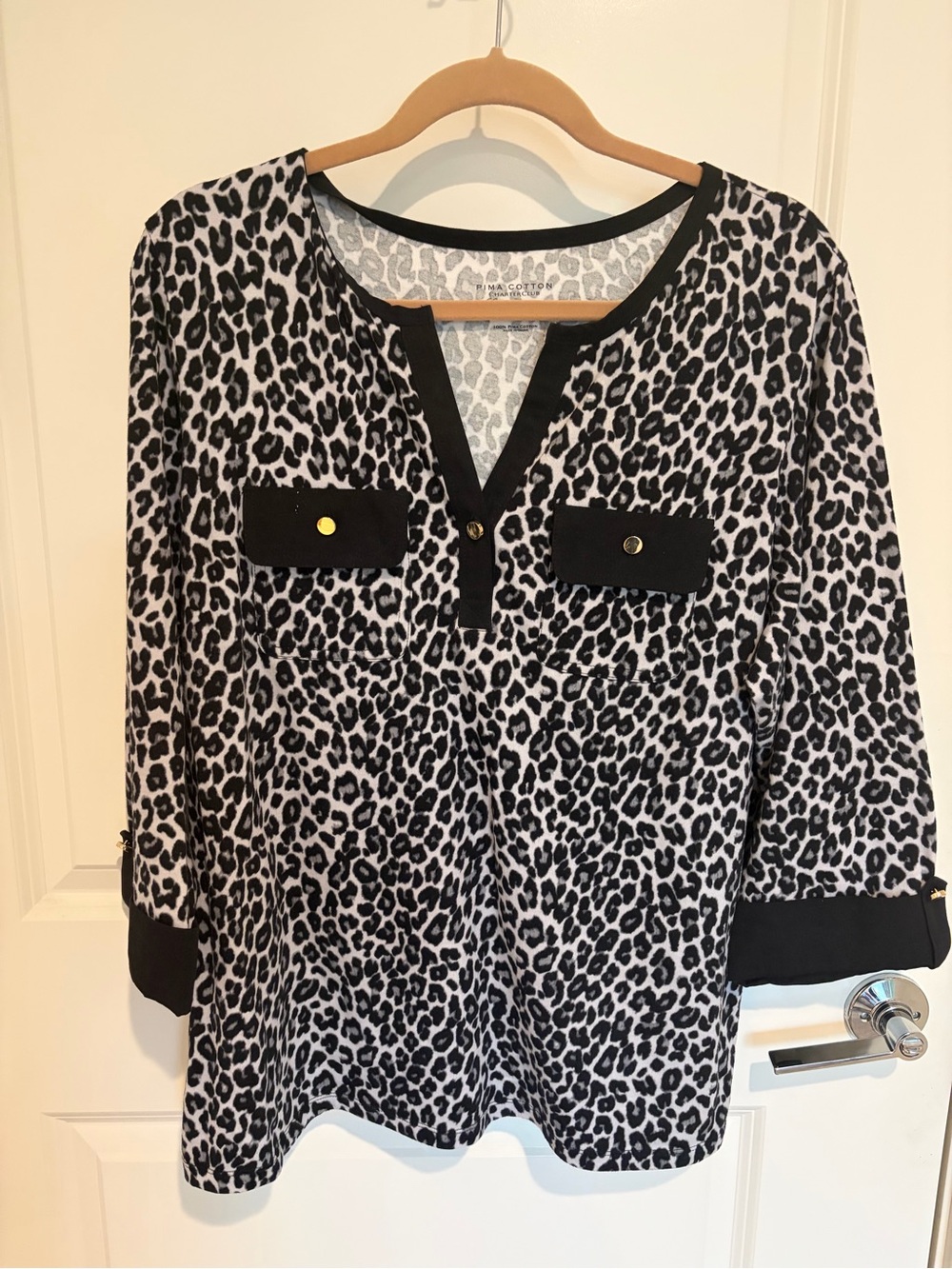 Charter Club Leopard-Print Pima Cotton Top with Black Trim